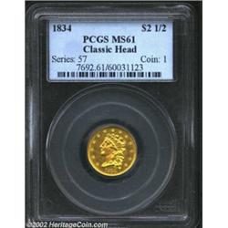 1834 $2 1/2 Classic MS61 PCGS. Large Head. McCloskey-A, Breen-6140. R.3. The 1834 is the first year.