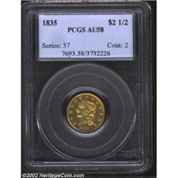 1835 $2 1/2 AU58 PCGS. McCloskey-1, R.2. The centers have minor softness of strike, but all other de