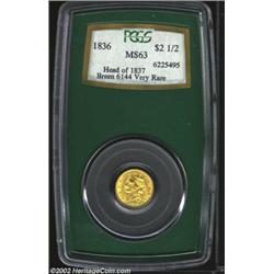 1836 $2 1/2 Script 8 MS63 PCGS. Breen-6144, McCloskey-C, R.3. The Head of 1837 variety, which has a.