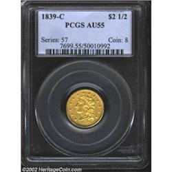 1839-C $2 1/2 AU55 PCGS. Recut Date. Winter 3-C. Pale olive surfaces have acquired a slight reddish.