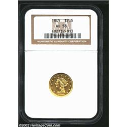 1845 $2 1/2 AU58 NGC. A well struck Quarter Eagle that has extensive mildly prooflike luster. A fain