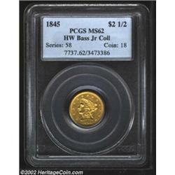 1845 $2 1/2 MS62 PCGS. Ex: Bass. While the 1845 is a scarce coin in an absolute sense with just 91,0