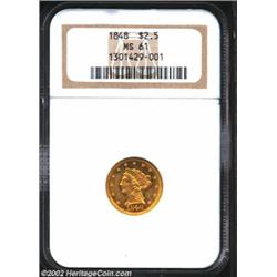 1848 $2 1/2 MS61 NGC. A flashy, semi-reflective example that is one of the few Mint State survivors.