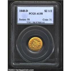 1848-D $2 1/2 AU58 PCGS. Winter 10-L. The typically offered survivor of this low mintage (13,771 pie