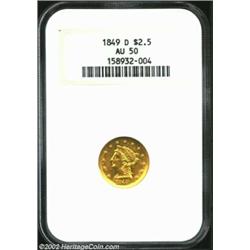 1849-D $2 1/2 AU50 NGC. Winter 12-L. On this variety the date is lower in the exergual area with the