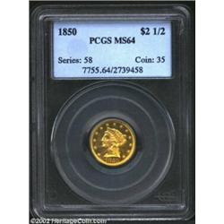 1850 $2 1/2 MS64 PCGS. The 1850-P is much scarcer than its mintage of 252,923 pieces would suggest..