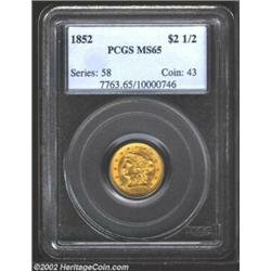 1852 $2 1/2 MS65 PCGS. Formerly offered as lot 6866 in our February 2001 Long Beach Sale, where it w