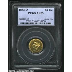 1852-O $2 1/2 AU55 PCGS. The peripheral stars and legends are well struck, while the lower half of t