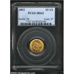 1853 $2 1/2 MS62 PCGS. This coin is well struck and possesses very attractive satin surfaces. Despit