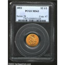 1853 $2 1/2 MS63 PCGS. Thick, golden orange color highlights the surfaces of this quarter eagle. Imp