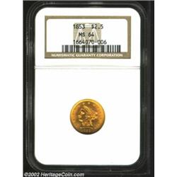 1853 $2 1/2 MS64 NGC. A clean-cheeked near-Gem with pleasing luster. The bright lemon-gold color con