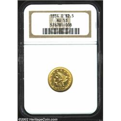 1854-O $2 1/2 AU53 NGC. The first of two identically graded '54-O Quarter Eagles, this flashy green-