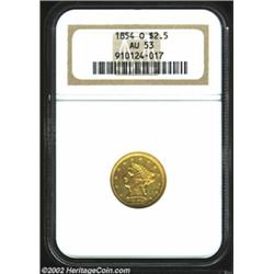 1854-O $2 1/2 AU53 NGC. Reasonably well struck with a subtle brightness to the green-gold surfaces o