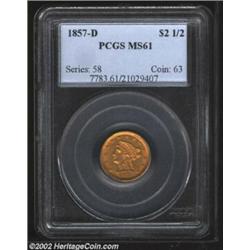 1857-D $2 1/2 MS61 PCGS. Winter 20-L, the only known dies. Typically struck for the issue, the surfa