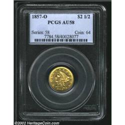 1857-O $2 1/2 AU58 PCGS. The 1857-O is the final year Quarter Eagles were struck in the New Orleans.