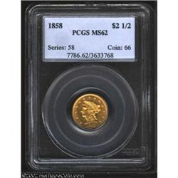 1858 $2 1/2 MS62 PCGS. An important Uncirculated type coin from the early part of the Liberty Quarte