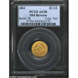 1861 $2 1/2 Old Reverse AU58 PCGS. Beginning in 1859 a new reverse hub was used to strike most Quart