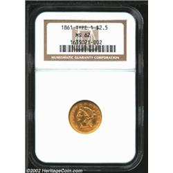 1861 $2 1/2 Old Reverse MS62 NGC. Another example of this important and rare hub variety, this coin.