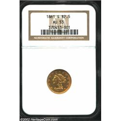 1861-S $2 1/2 AU53 NGC. Only 24,000 Liberty Quarter Eagles of this date were originally produced, vi