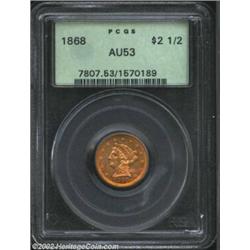 1868 $2 1/2 AU53 PCGS. Although some friction is seen in the fields, the effect of light circulation