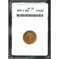 1875-S $2 1/2 VF25 ANACS. Only 11,600 Quarter Eagles struck. A circulated example with traces of min