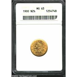 1900 $2 1/2 MS63 PCGS. Mellow gold in color, this example is satiny and attractive. A very pleasing.