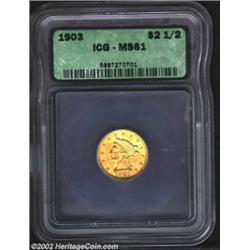 1903 $2 1/2 MS61 ICG. Lustrous with orange-gold color and with only the slightest of marks. A well p