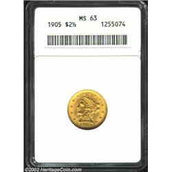 1905 $2 1/2 MS63 ANACS. Typically sharp with swirling luster over olive and reddish tinged surfaces.