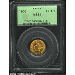 1905 $2 1/2 MS64 PCGS. Aside from a luster graze in the left obverse field, there are few consequent