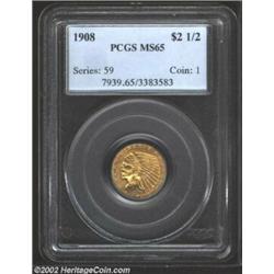 1908 $2 1/2 MS65 PCGS. A pristine Gem example of this popular first-year issue. The surfaces are exc