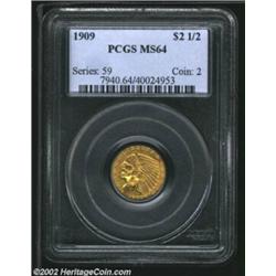 1909 $2 1/2 MS64 PCGS. An exceptionally well struck near-Gem that has unusual definition within the.