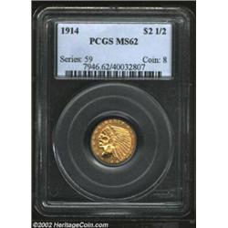 1914 $2 1/2 MS62 PCGS. Warm satiny surfaces and attractive luster enhance the appeal of this scarce.