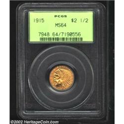 1915 $2 1/2 MS64 PCGS. Splendid golden color with bright, satiny textured surfaces that are almost c