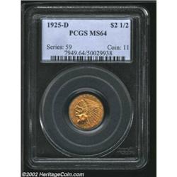 1925-D $2 1/2 MS64 PCGS. Rich orange-gold patina ensures the originality of the carefully preserved.