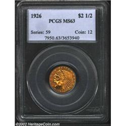 1926 $2 1/2 MS63 PCGS. Intense reddish-gold color overlays both sides and perhaps lightens ever so s