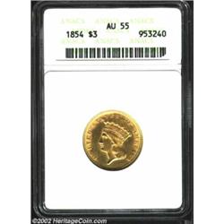 1854 $3 AU55 ANACS. The satiny luster is virtually complete and only a touch of striking softness is