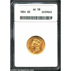 1854 $3 AU58 ANACS. Lightly circulated and free of copper spots. Important notice: We expect to be a