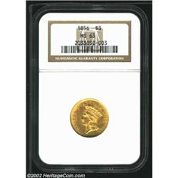 1856 $3 MS63 NGC. As an early P-mint issue, one might expect that the 1856 (26,010 coins struck) is.