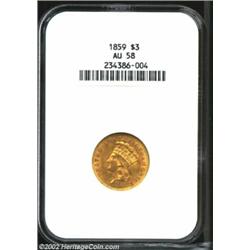 1859 $3 AU58 NGC. With only 15,558 pieces struck, the 1859 is far from common. This clean, smooth, a