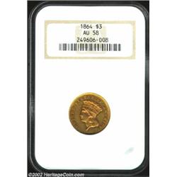 1864 $3 AU58 NGC. Fully original with rich coloration, the surfaces are blanketed in reddish-gold hu