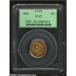 1866 $3 XF45 PCGS. Luster is still visible in the protected areas and the lightly frictioned fields.