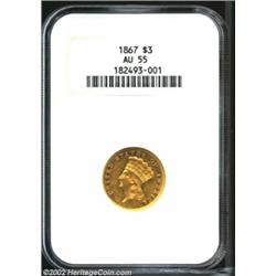 1867 $3 AU55 NGC. Only a hint of wear on the highpoints and on the fields is noted. Some of the bold