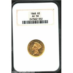 1868 $3 AU58 NGC. 4,850 business strikes minted in this year. Bright golden surfaces with modest pro