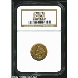 1870 $3 AU53 NGC. Bright semi-prooflike luster outlines the legends and devices. A richly detailed p