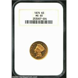 1870 $3 MS60 NGC. The 1870 is a moderately scarce date in the Three Dollar series and, as noted abov