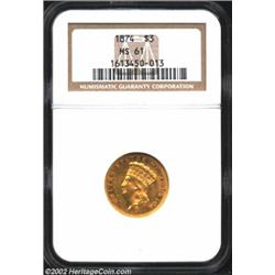 1874 $3 MS61 NGC. Lovely and lustrous, with red-gold in the protected areas and olive-gold in the fi