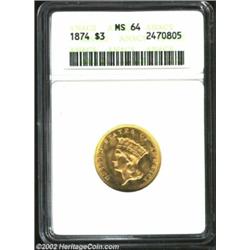 1874 $3 MS64 ANACS. While this issue's original mintage of 41,800 pieces may seem low when viewed in