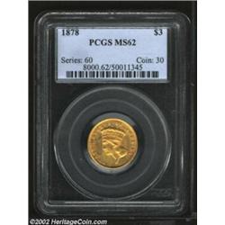 1878 $3 MS62 PCGS. Some faint hazy patina is note on both sides of this princess. Not a single mark.