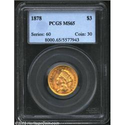 1878 $3 MS65 PCGS. Easily the most plentiful Three Dollar gold issue in today's market, the 1878 enj