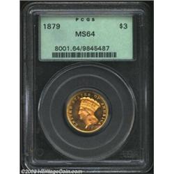 1879 $3 MS64 PCGS. After a high (for the series) mintage of 82,324 pieces, Three Dollar gold product